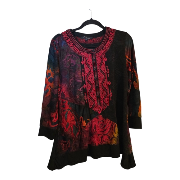 Calessa Embroidered Tunic 3/4 Button Long Sleeve Cutout Boho Large Lagenloook - Picture 1 of 8